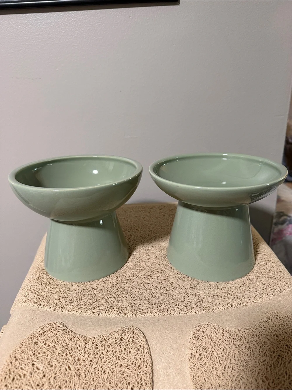 Sage Green Ceramic Pedestal Cat Bowls  -